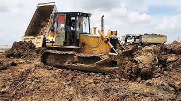 Skills Operator Awesome Technique Bulldozer Truck Moving Unloading Dirt In Mud Road Swamp Landfill