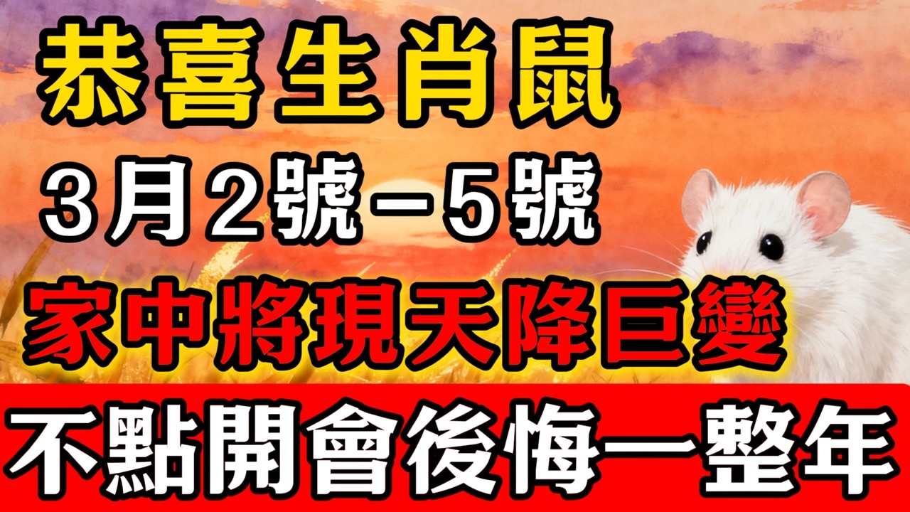 恭喜生肖鼠！2026年3月2號-5號天降巨變！家中將出現「震天撼地」的大喜訊！屬鼠人務必接住這波橫財，不點開你會後悔一整年！#生肖心境#屬相運勢#生肖#家運#生肖運勢的那些事#先知#風水變化#提升運勢