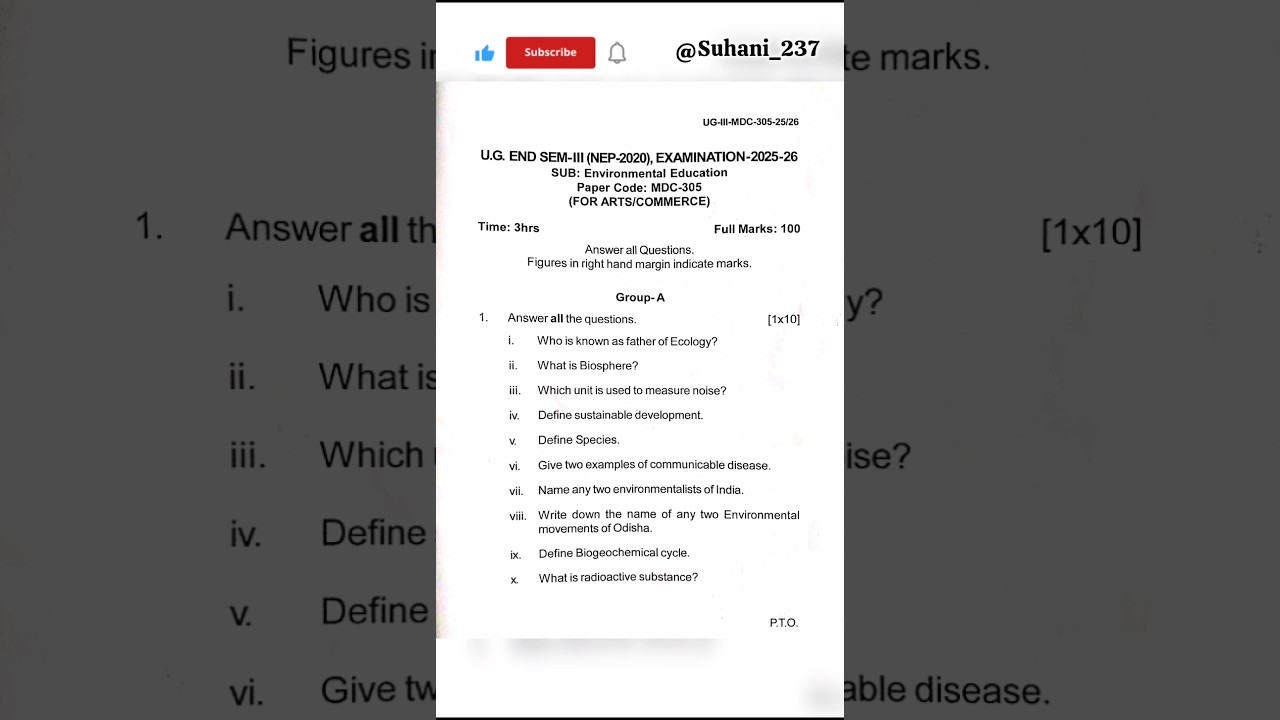 U.G End SEM-III Environmental Education MDC-305 question paper for arts & commerce #question #short