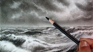 Thunder Stormy Night Stormy Sea Waves Landscape Drawing By One Pencil.