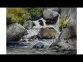 Waterfall landscape painting with watercolors by sikander singh chandigarh