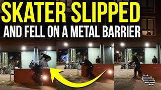 Skater Slipped and Fell on a Metal Barrier Then to the Ground While Filming