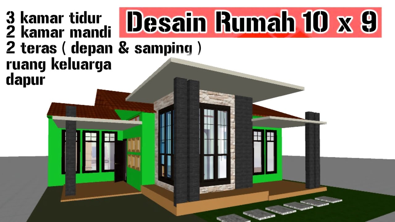 Desain Rumah Minimalis Modern 10x9 Dengan 3 Kamar Tidur Gudang