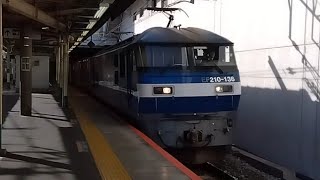 EF210形136号機＋コキ19B(両)(うち2両は赤コキ)が松戸駅1番線を通過するシーン(1091レ、新A252、コンテナ輸送)