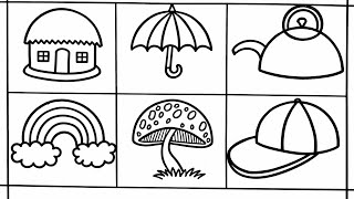 Easy Drawing for Kids | Simple Objects Drawing | Umbrella, House, Rainbow, Cap,Mushroom, Kettle. 