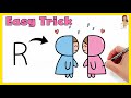 How to turn r into cute girl and boy  how to draw cute boy and girl in rain  super easy drawing 