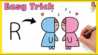 How to Turn R into Cute Girl and Boy / How to Draw Cute Boy and Girl in Rain - Super Easy Drawing 😁