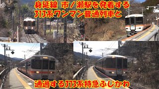 身延線 市ノ瀬駅を発着する313系ワンマン普通列車と通過する373系特急ふじかわ