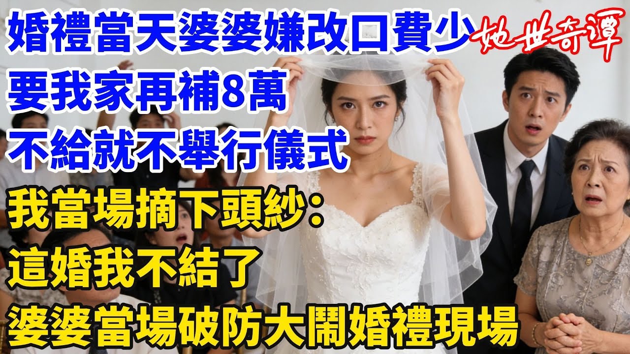 婚禮當天婆婆嫌我媽給的改口費少，要我家再補8萬，不給就不舉行儀式，我當場摘下頭紗：這婚我不結了，你們自己玩吧！婆婆當場破防大鬧婚禮現場！#婆媳關系#女性成長#家庭倫理#女頻小説#她世奇譚