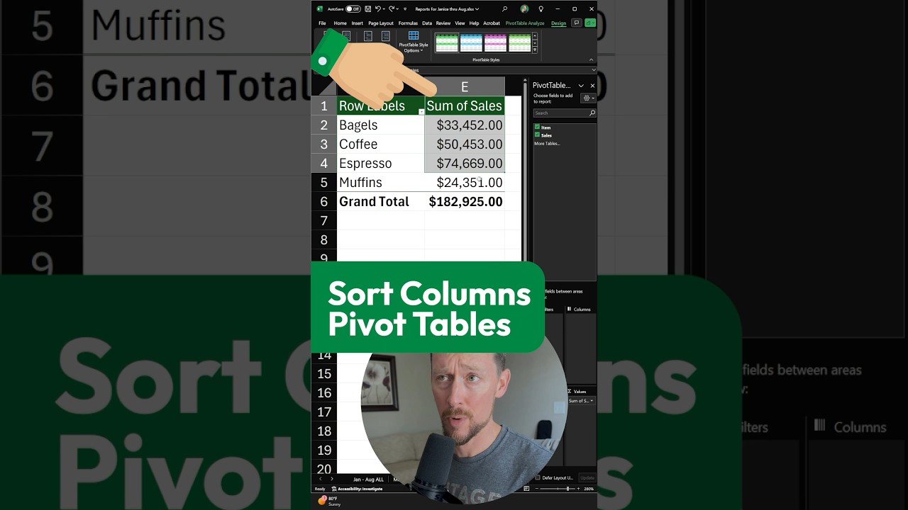Excel how to sort pivot table by a different column