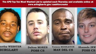 Arlington police are looking for these 10 fugitives. crime stoppers
will pay up to $1,000 information leading an arrest. call
817-469-8477.