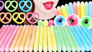 ASMR FROZEN WAX STICK CANDY, PRETZEL JEWEL CANDY, PEBBLE JELLY *RAINBOW PASTEL EATING SOUNDS MUKBANG