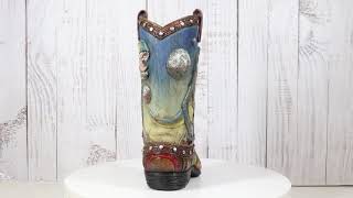 Western Prehistoric T-Rex Dinosaur With Volcano Faux Leather Cowboy Boot Vase