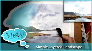 Easy Layered Watercolor Landscape Painting Process. Real-Time Paint Along Demo.