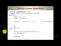 Encapsulation|Data hiding|Access Specifiers|public,protected private access specife c++code example