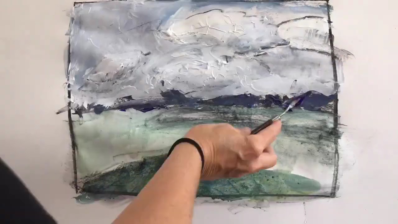 painting an abstract landscape with clouds, een abstract landschap met  paletmes en penseel beginners