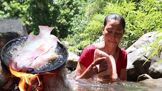 Giant red fish Catch by hand &amp; Cooking red fish for eating delicious #8