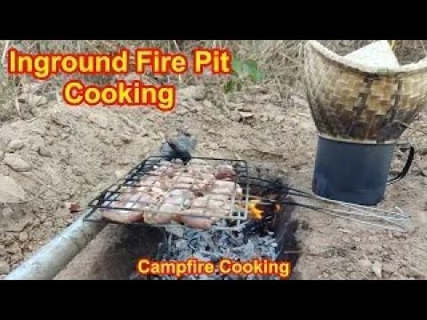 Camp Cooking, Grilled Chicken Gizzards With Sticky Rice, Cooked Over an In-Ground Fire Pit.
