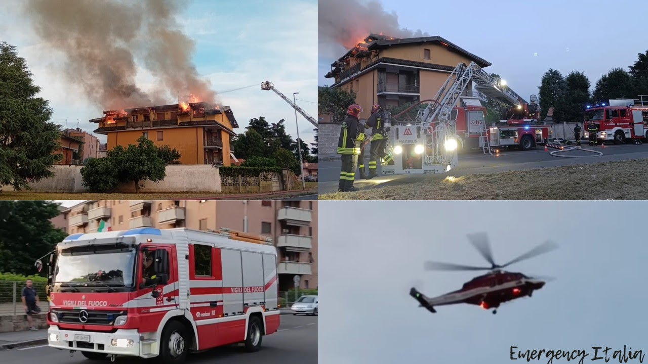 Grosso incendio tetto, arrivo automezzi + opere di spegnimento dei Vigili del Fuoco + sorvolo Drago