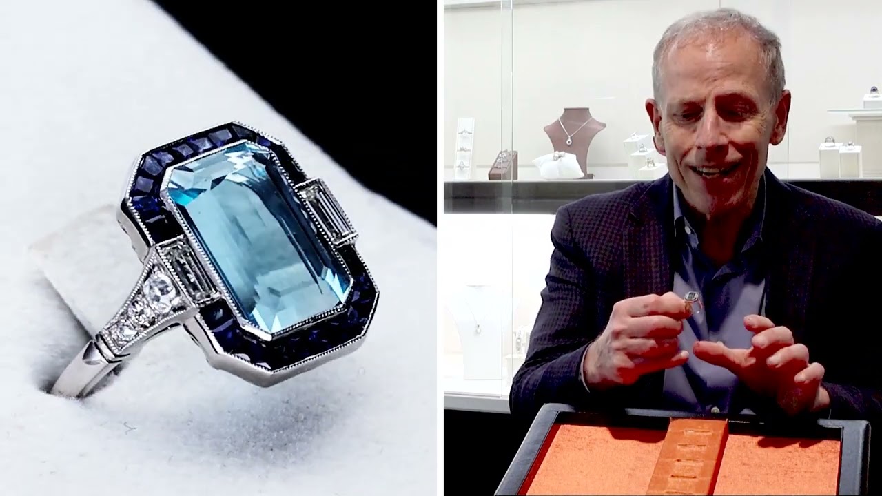 2.62ct Aquamarine, 0.96ct Sapphire and 0.28ct Diamond, Platinum Dress Ring - Art Deco Style - C9931