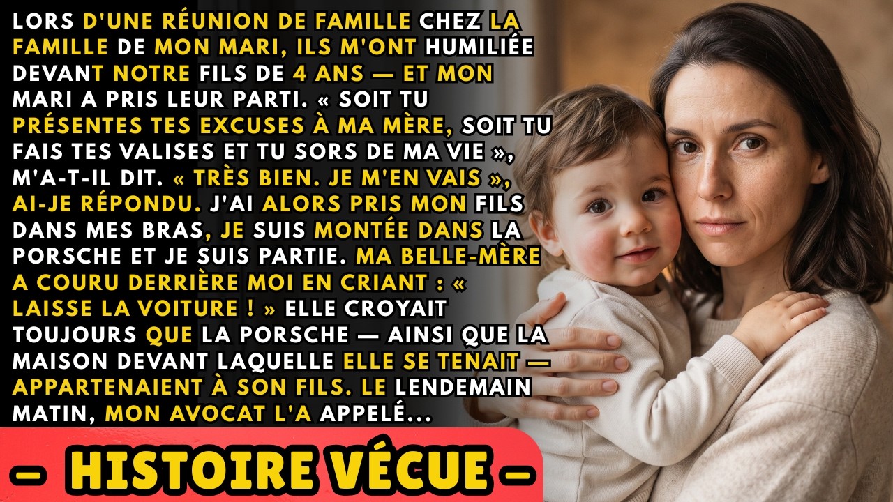 Ce dimanche-là, ma belle-mère m'a humiliée devant toute sa famille, devant mon fils de 4 ans, en criant que je volais la Porsche de son fils. Mon mari, lui, est resté silencieux, puis m'a ordonné...