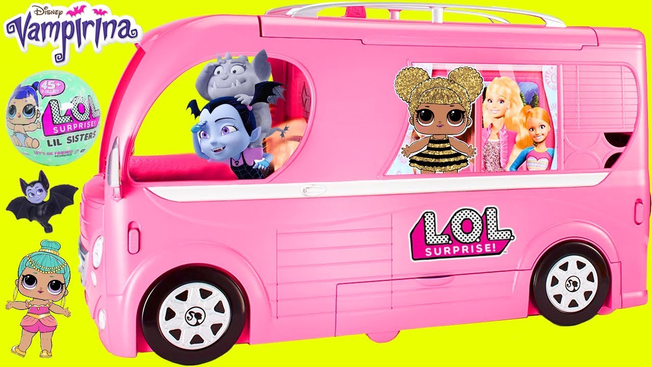 LOL Surprise Dolls Lil Sisters in Barbie Camper with Vampirina - YouTube