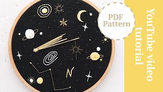 Space embroidery. Planets, moon, stars. Personalized hoop. Modern embroidery art. Вышивка космос