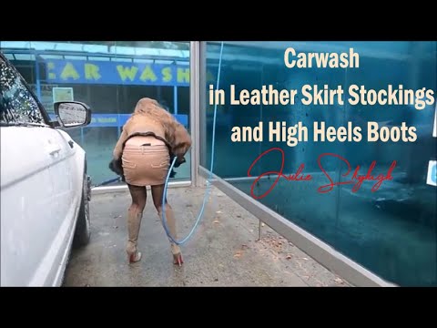 Carwash in #LeatherSkirt #Stockings and #HighHeels Boots