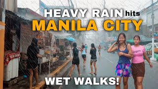 HEAVY RAIN hits MANILA CITY-STREET SCENES DURING HEAVY RAINFALL [4k] walking tour 