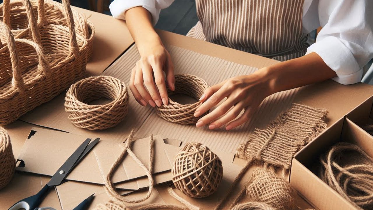 Сделай сам | Я сделал роскошную корзину из картона и джутовой веревки | С крышкой и вязаным видом