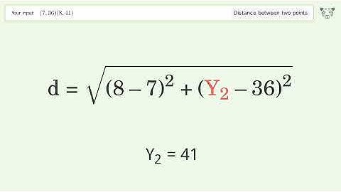 Find the distance between two points p1 (7,36) and p2 (8,41): Step-by-Step Video Solution