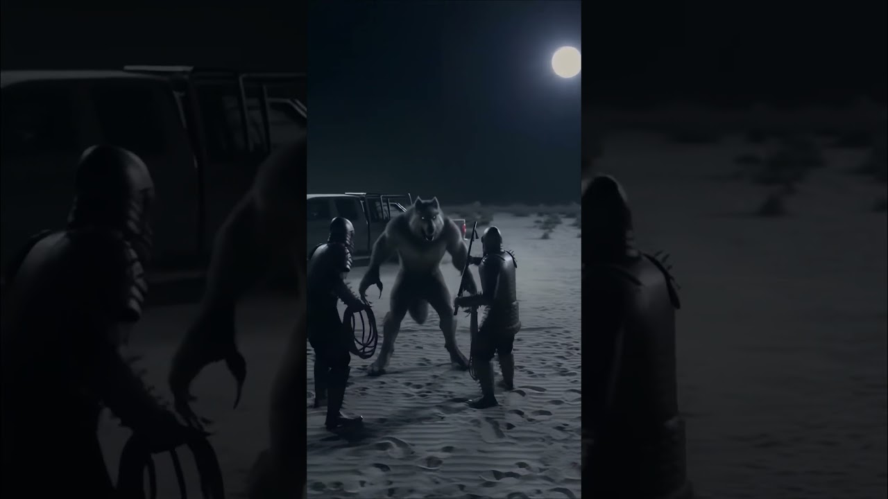Giant Wolf vs Spiked Men — Desert Night Footage