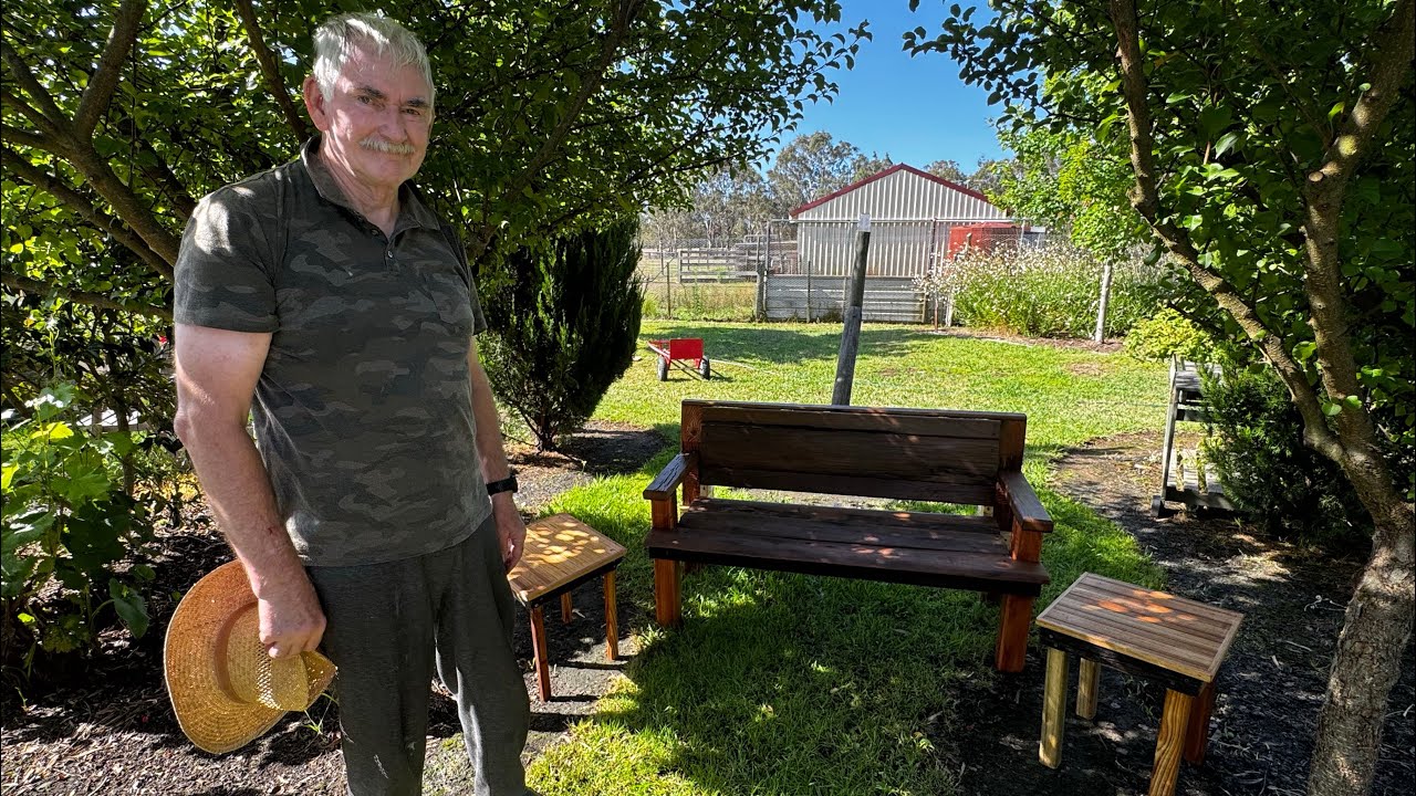 New garden furniture made by husband & enjoying breakfast at it in Peter’s Vineyard
