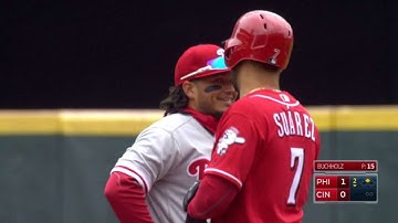 PHI@CIN: Suarez hits a ground-rule double in the 2nd