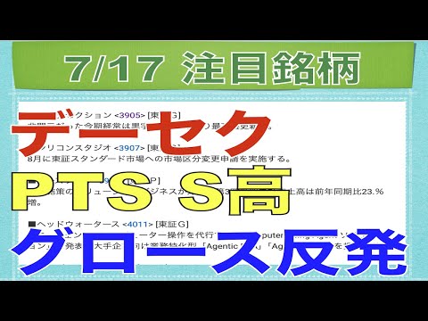 【7月17日】データセクションPTSストップ高！グロース反発！【明日の注目株】
