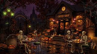 🎃🦇Haunted Graveyard Coffee Shop Ambience | Spooky Halloween Night Jazz, Scary Night Sounds, Crickets
