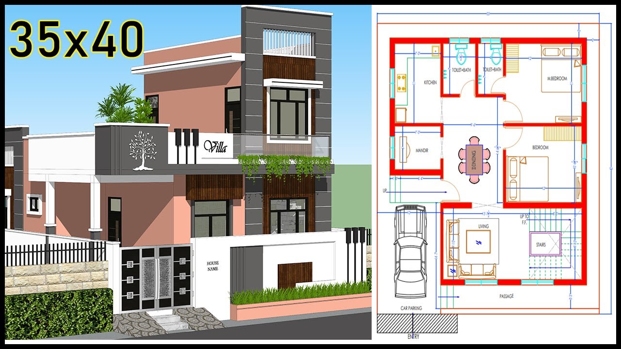 35'0"x40'0" 2 Room With Car parking Single Floor Modern House