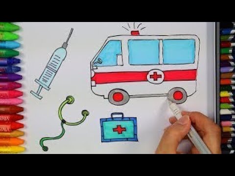 كيفية رسم كتاب تلوين سيارة إسعاف مع حقنة كبيرة رسم للأطفال مع