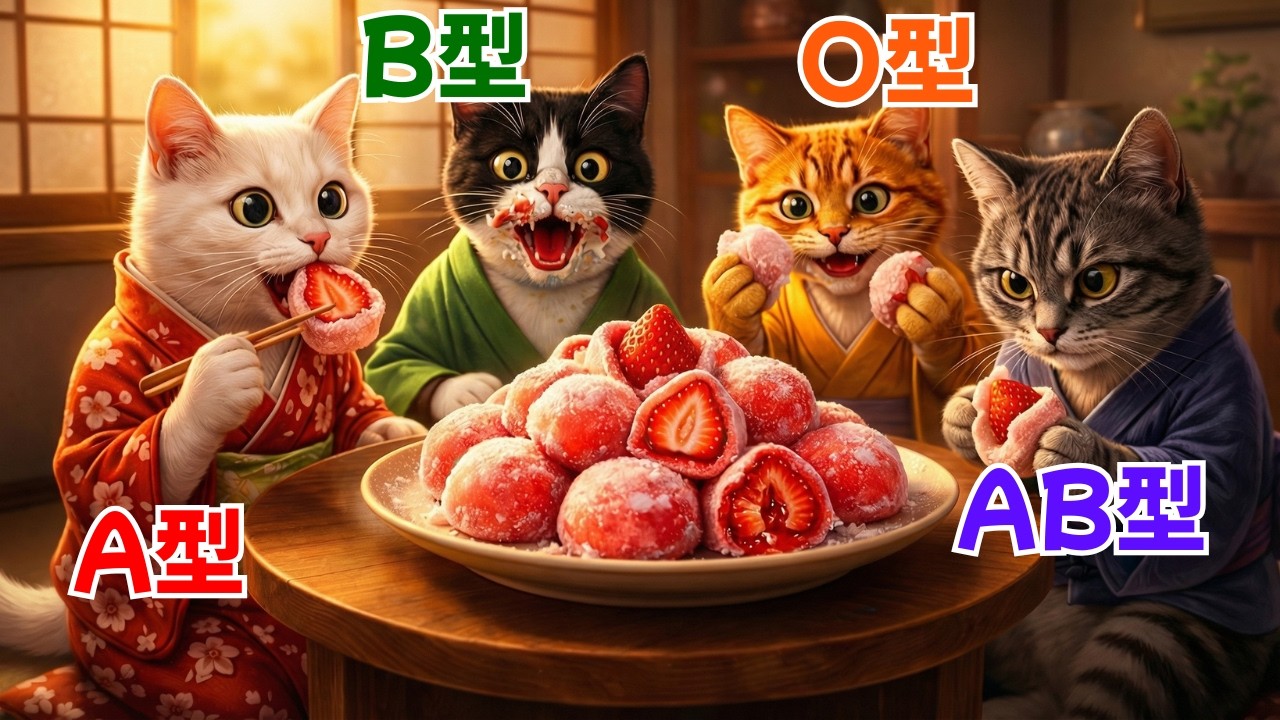 【癒やし】AI猫たちの「早春の梅見」🌸🍡 旬のいちご大福と性格の違い【こむぎの猫】