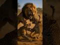 Lion fight with two Leopards