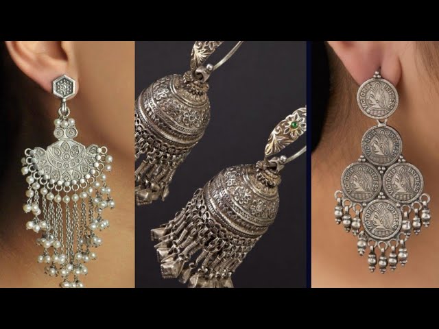 Latest silver oxidised earrings long floral design silver fashion earrings