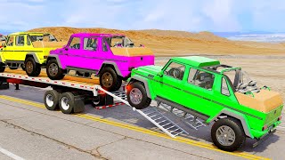 Flatbed Trailer new Mercedes Cars Transportation with Truck - Pothole vs Car #005 - BeamNG Drive