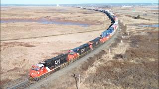 Awesome 4K View! SD75IACC 8316 Leads a Big Stack Train CN 120 pass Aulac, NB during Golden Hour