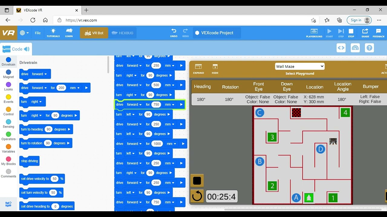 Vex Code VR Programing robot to go through a maze. YouTube