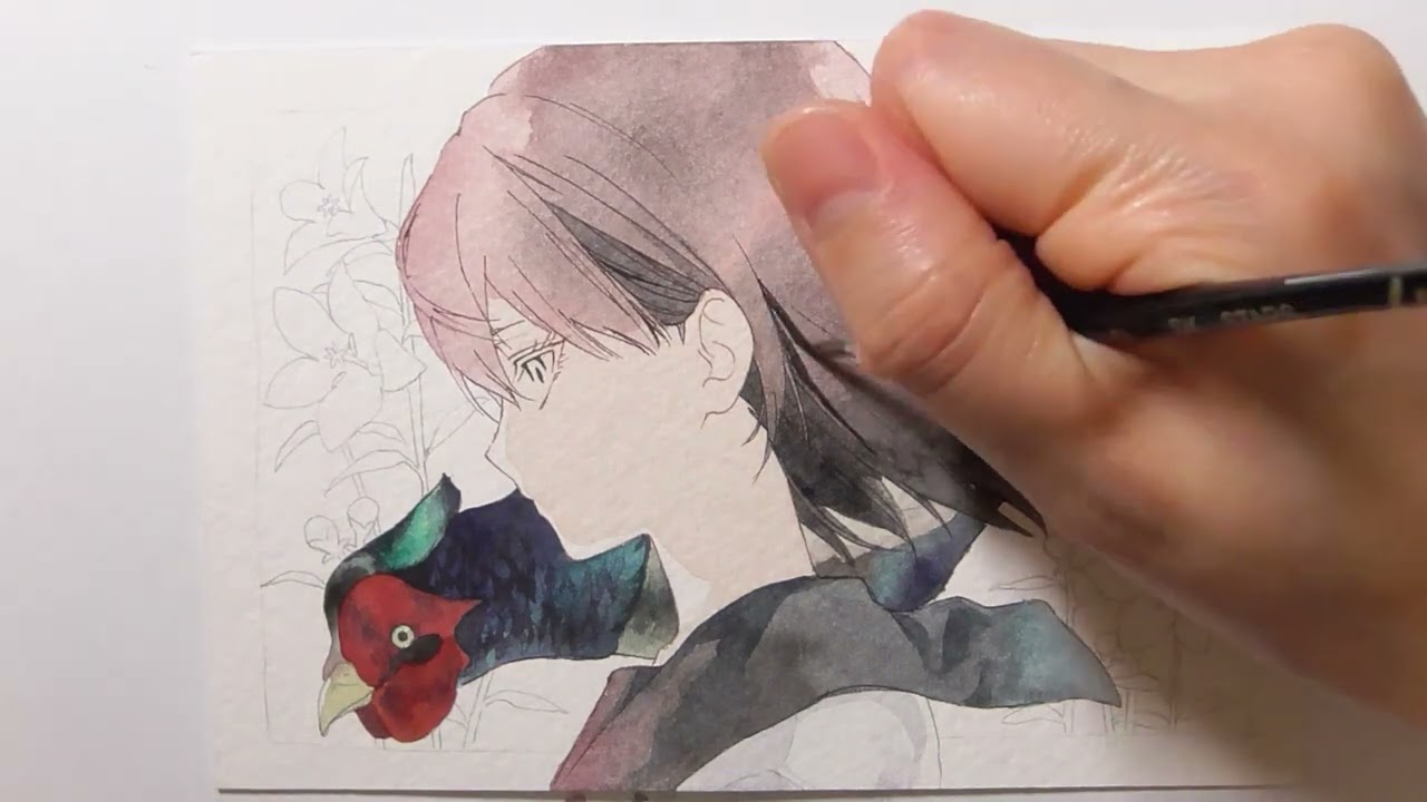 【透明水彩】イラストメイキング【雉と少女とキキョウ】●Watercolor Painting