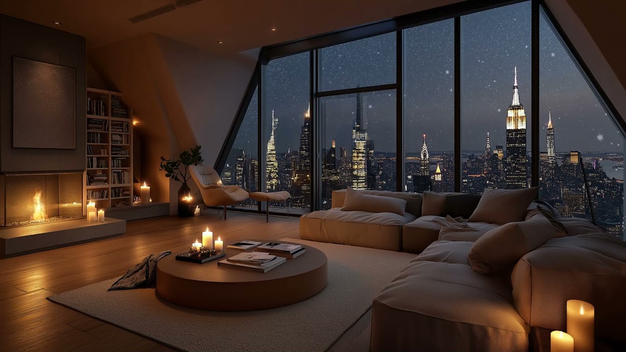 Snowy Night Apartment ❄️ Soft Piano & Fireplace for Focus