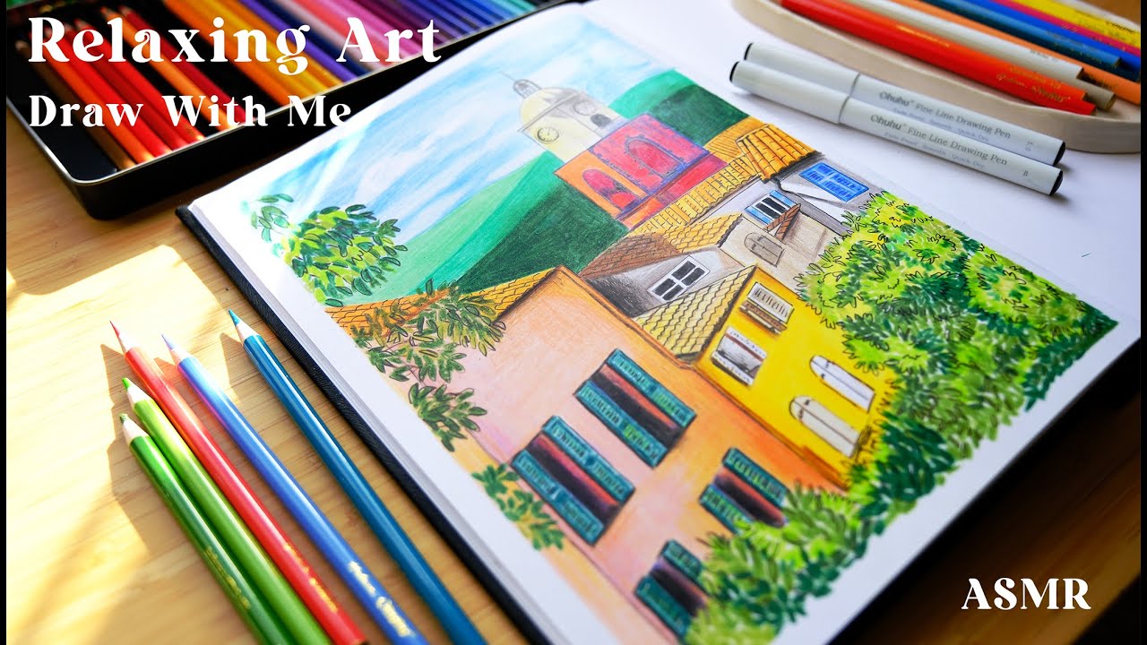 ASMR Landscape Drawing with Ohuhu Colored Pencils | Relaxing Art Process 🖍️✨