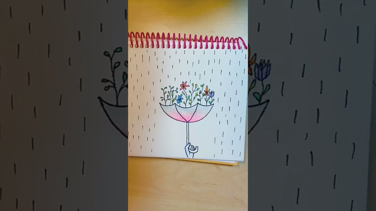 رسم سهل بالقلم الجاف  رسم مظلة وزهور ومطر بسهولة