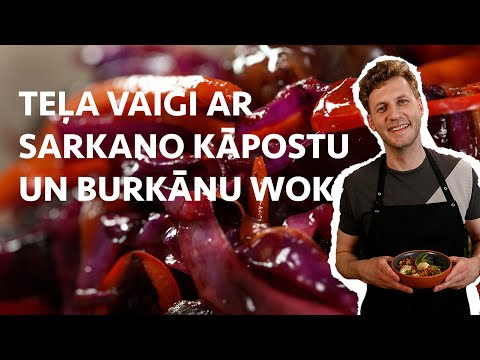 Lēni gatavotu teļa vaigu, sarkano kāpostu un biešu “woks”