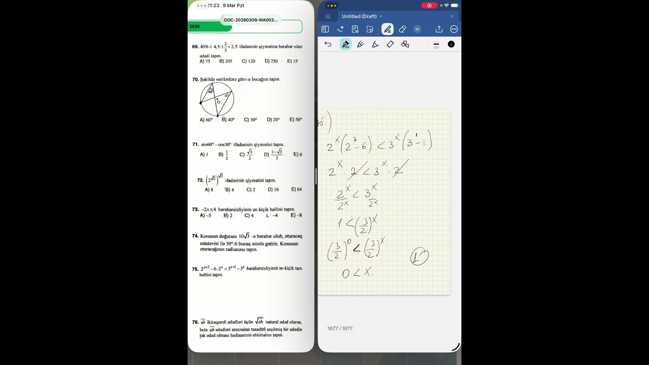 9 mart 2026 ci il Buraxılış Riyaziyyat sualları izahı